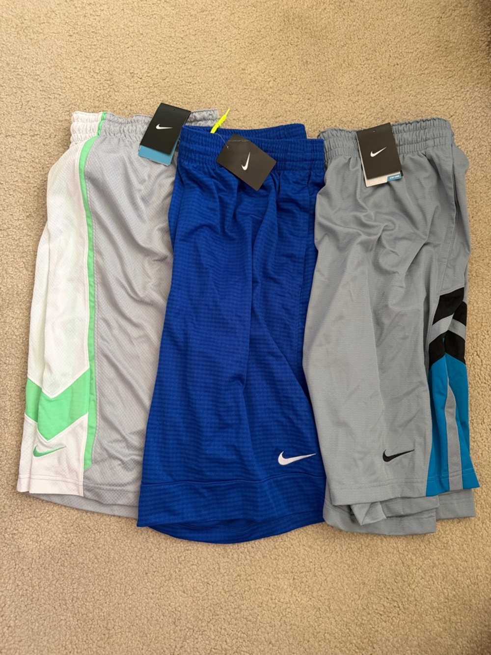 Nike Mens Athletic Shorts (set of 3)- Blue, Gray, Light Gray with Green Accents